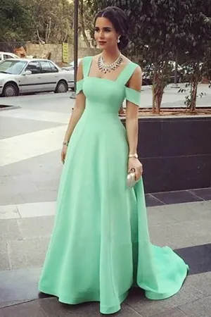 A-Lien Square Cold Shoulder Sweep Train Green Chiffon Sleeveless Prom Dress LRA264