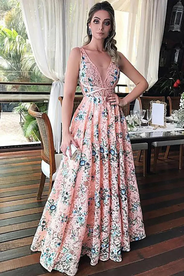 A-Line Deep V-Neck Floor-Length Pink Printed Lace Sleeveless Prom Dress LRA281