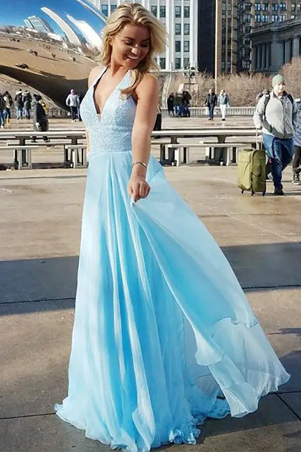 A-Line Deep V-Neck Sweep Train Blue Chiffon Sleeveless Prom Dress with Sequins LRA068