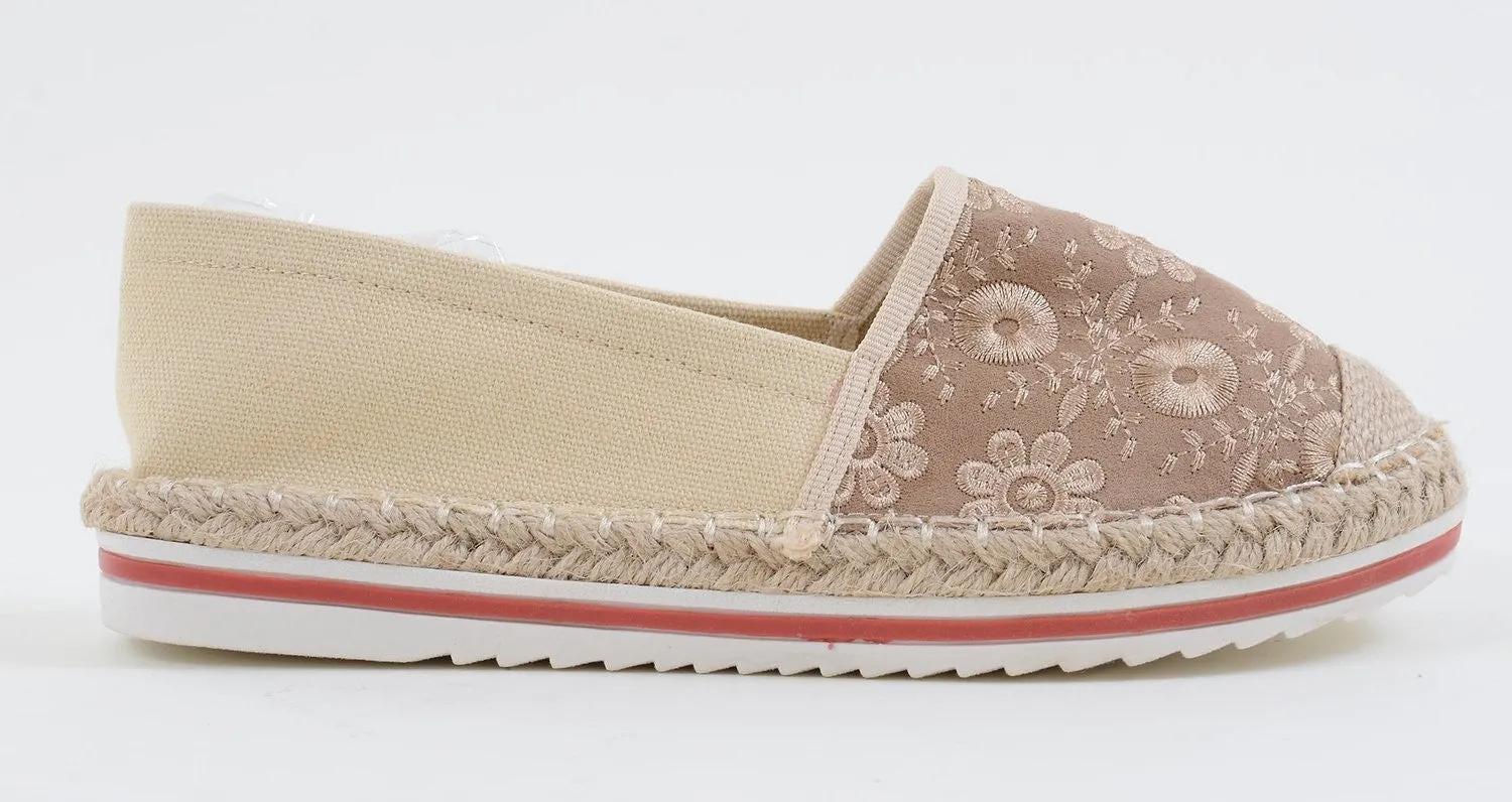 Beige Stitched Flower Canvas Cap Toe Stripes Espadrille Skimmer Loafer Flat