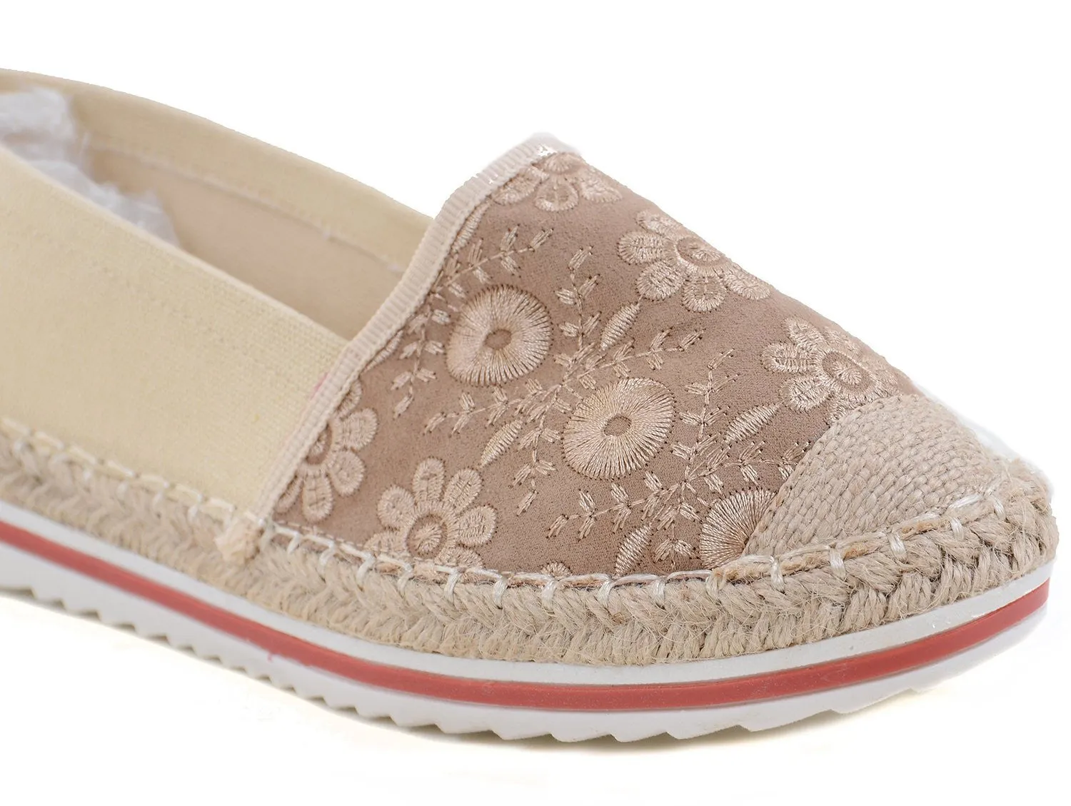 Beige Stitched Flower Canvas Cap Toe Stripes Espadrille Skimmer Loafer Flat