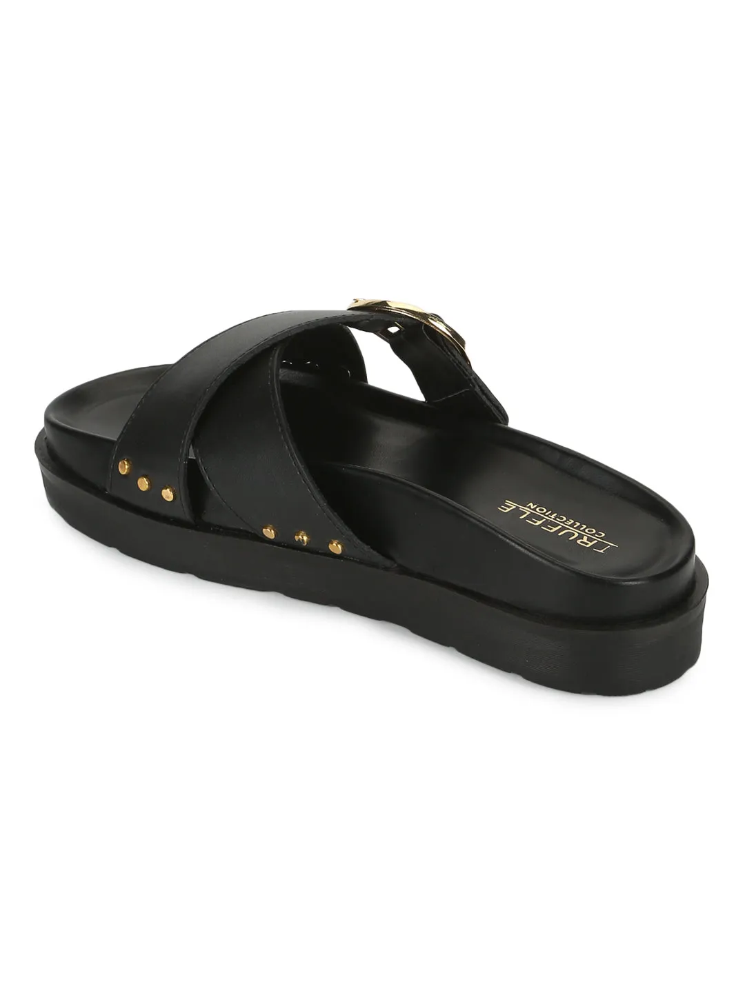 Black PU Crisscross Side Buckle Slides