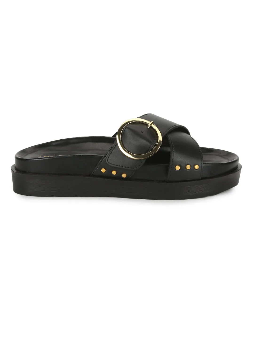 Black PU Crisscross Side Buckle Slides