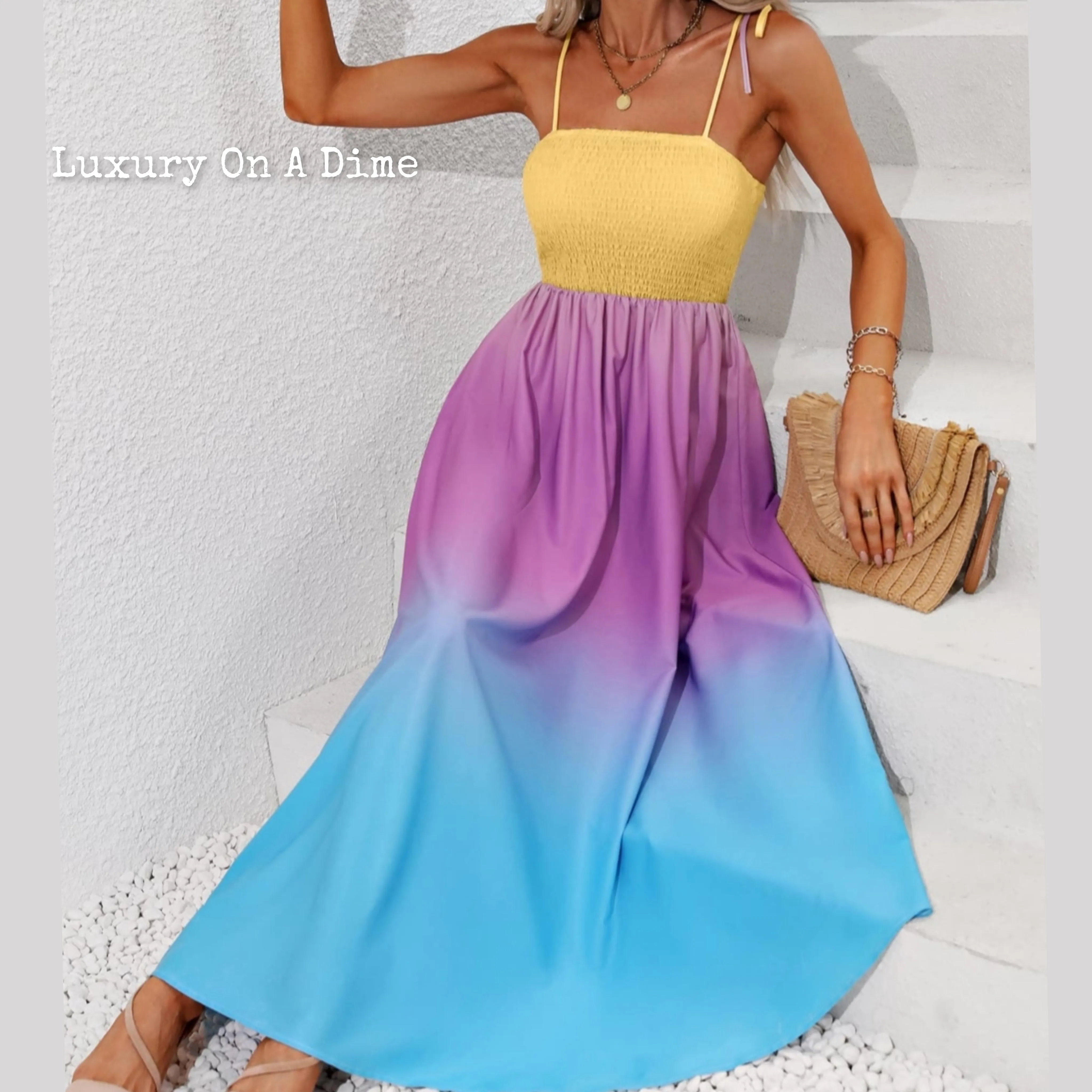 Colorful Ombre Rainbow Self-Tie Shoulder Smocked Bodice Summer Maxi Dress