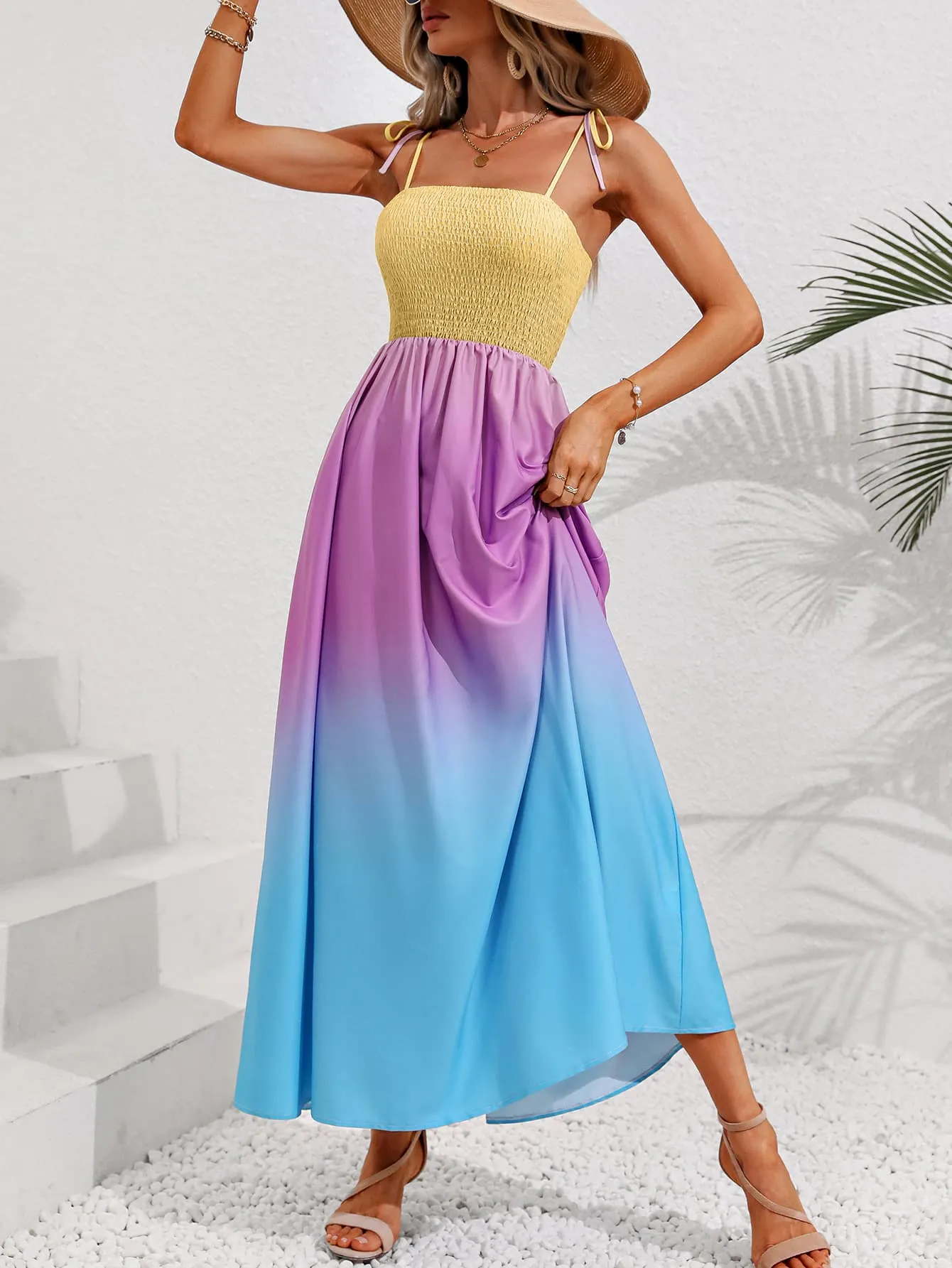 Colorful Ombre Rainbow Self-Tie Shoulder Smocked Bodice Summer Maxi Dress