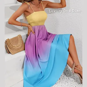 Colorful Ombre Rainbow Self-Tie Shoulder Smocked Bodice Summer Maxi Dress