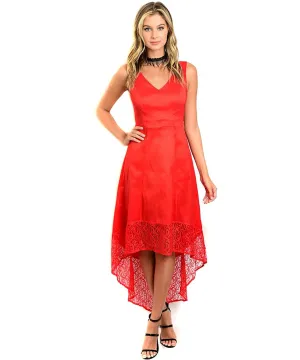 Elegant Red Taffeta High Low Lace Trim Evening Dress