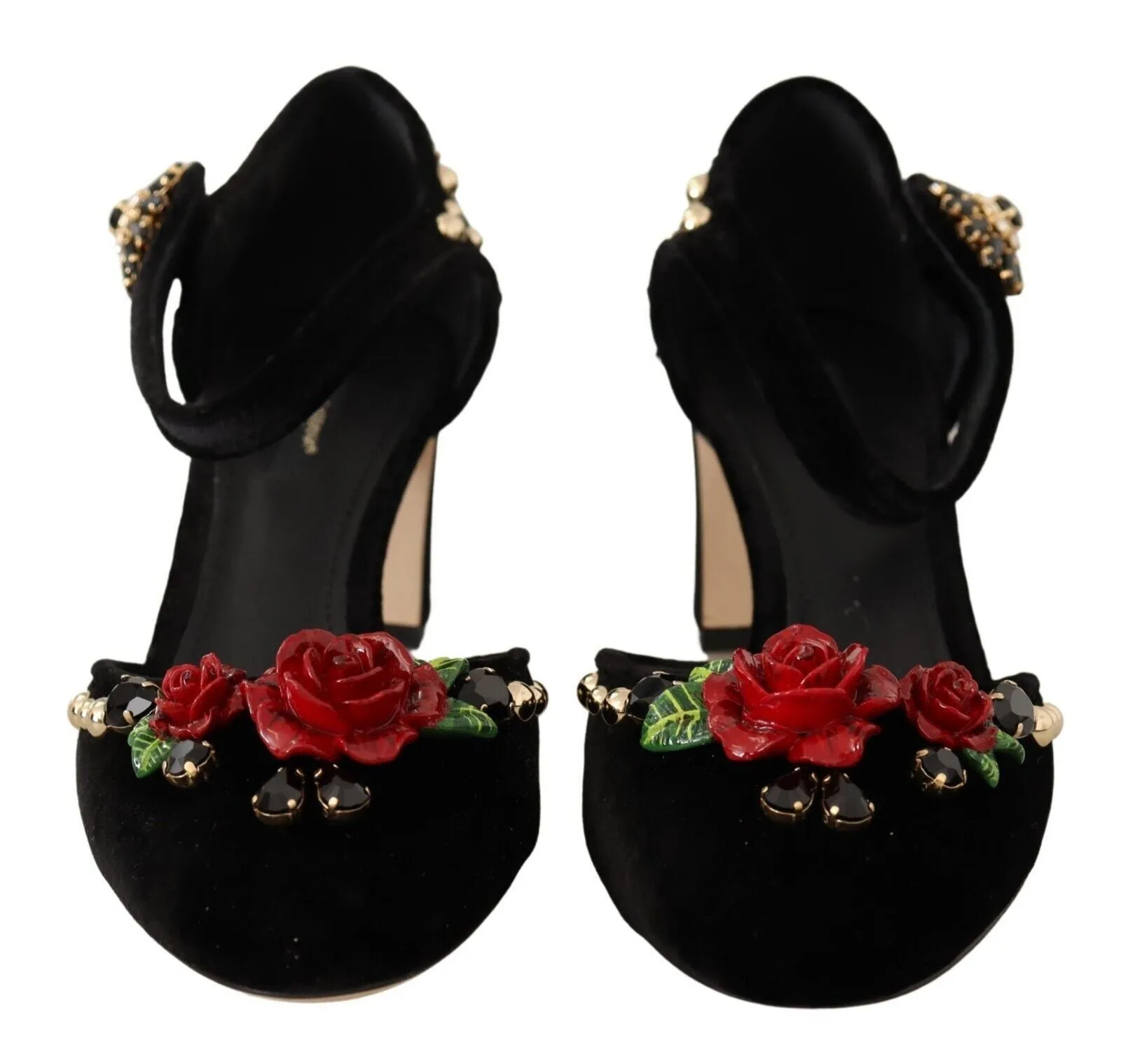 Elegant Velvet Studded Heels with Floral Accent