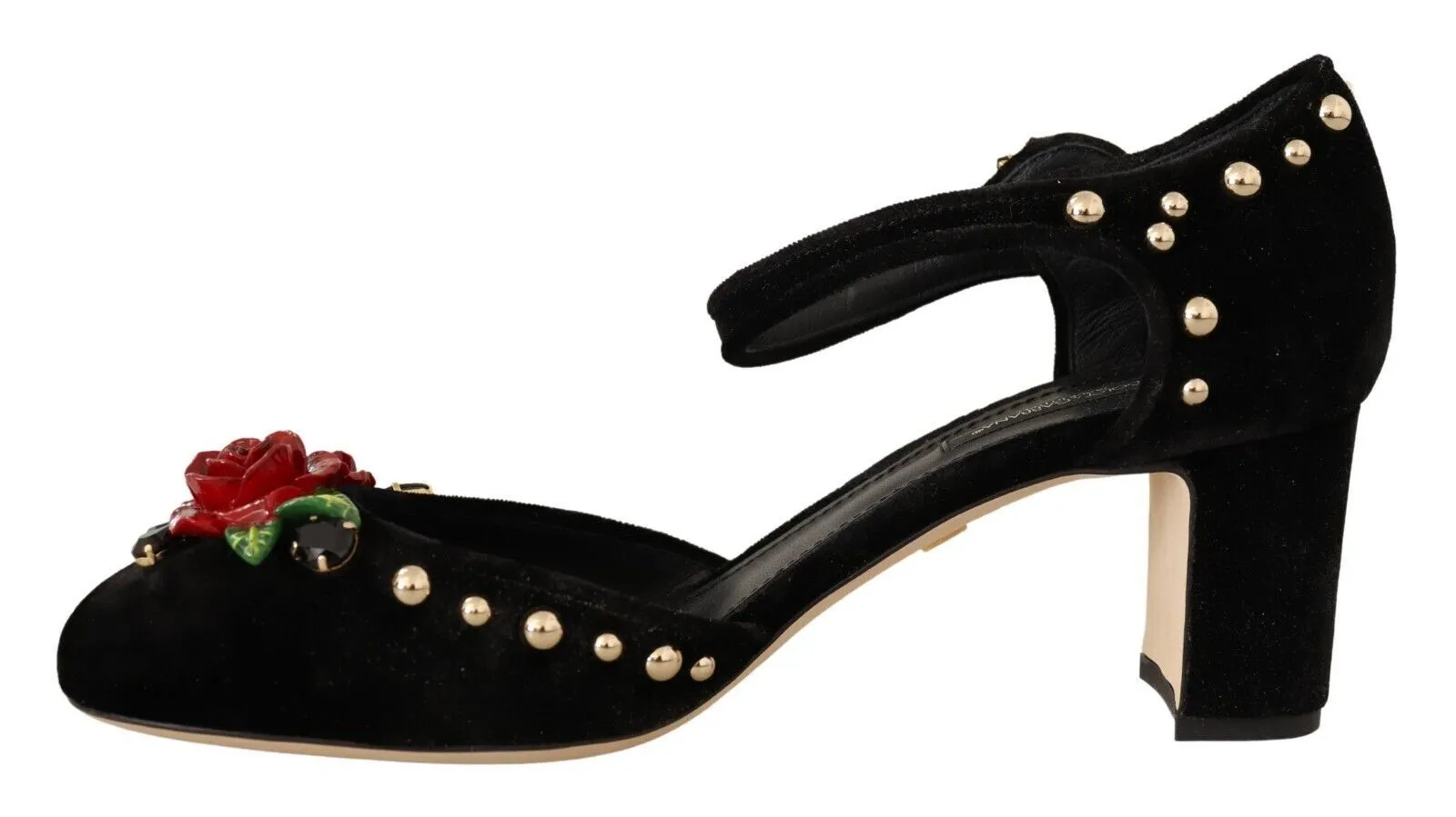 Elegant Velvet Studded Heels with Floral Accent