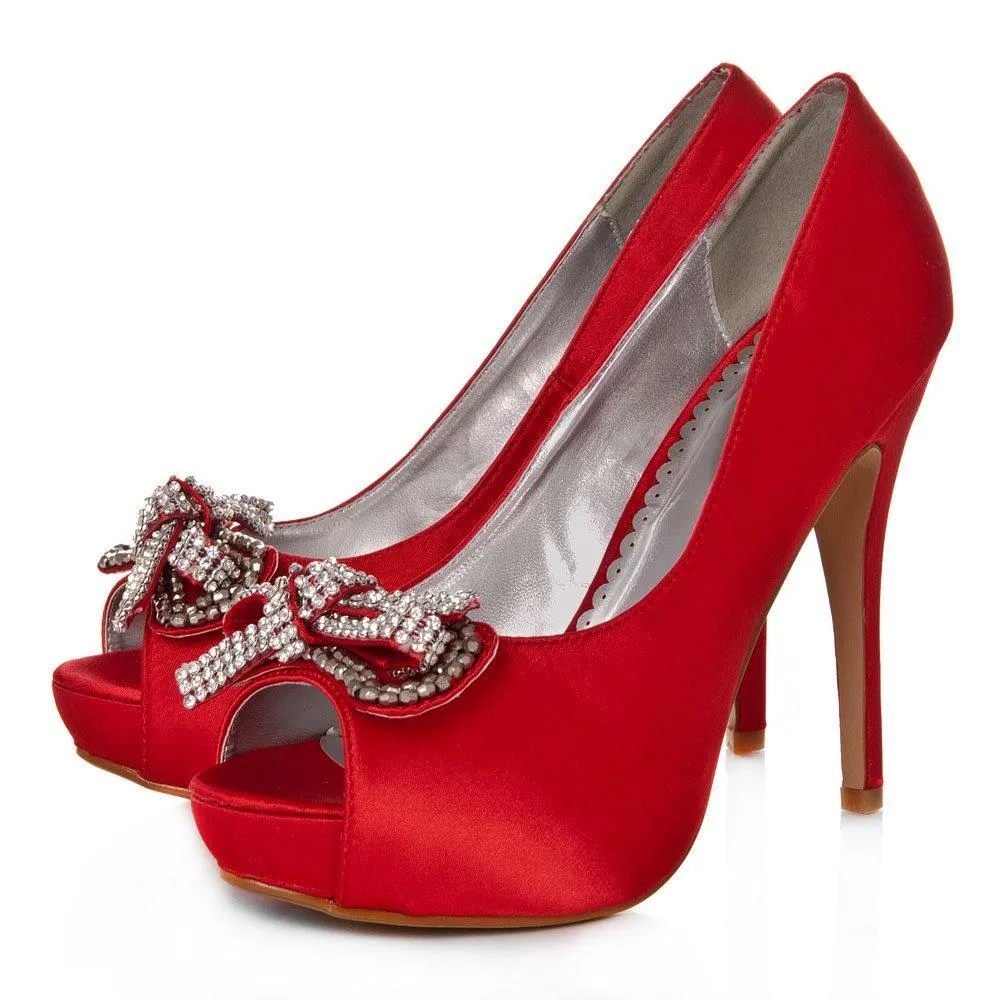 ELSA Peep Toe High Heel Satin Court Shoe With A Diamante Bow