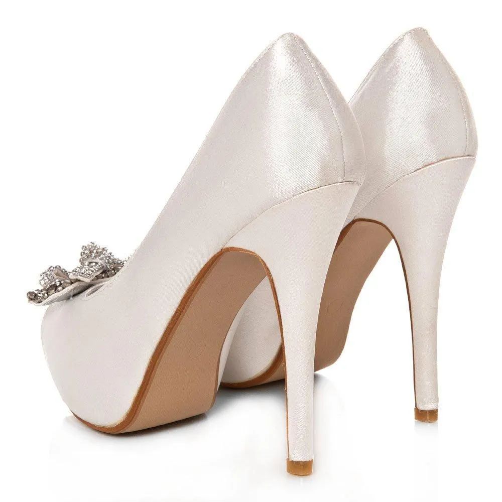 ELSA Peep Toe High Heel Satin Court Shoe With A Diamante Bow