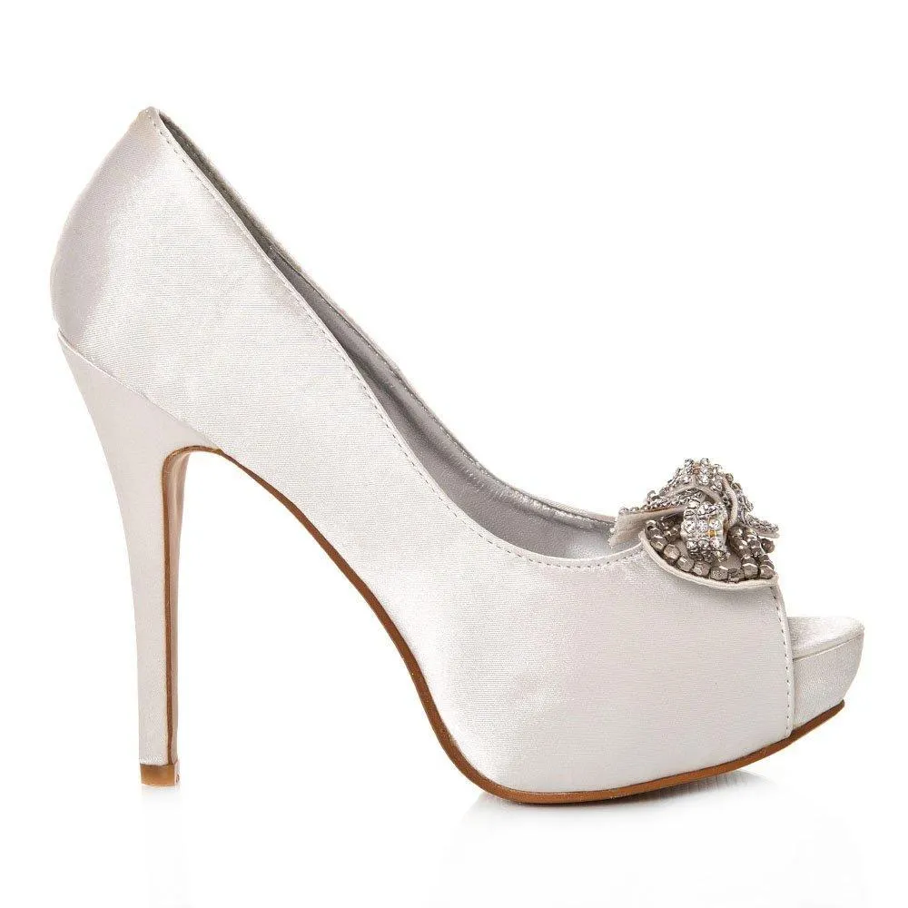 ELSA Peep Toe High Heel Satin Court Shoe With A Diamante Bow