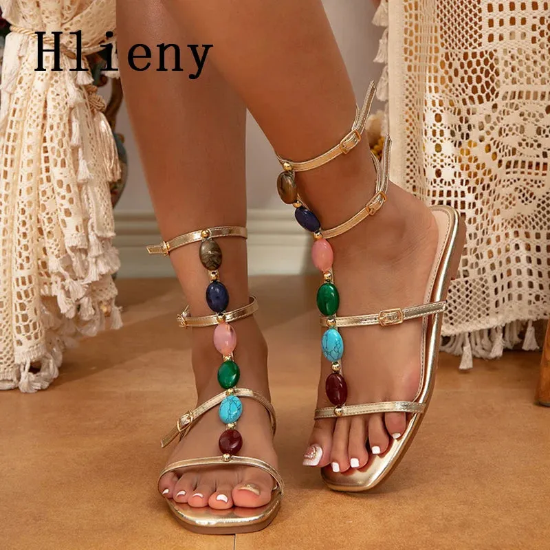 Ethnic String-beaded Women's Flat Sandals Summer Beach Fashion Buckle Strap Golden