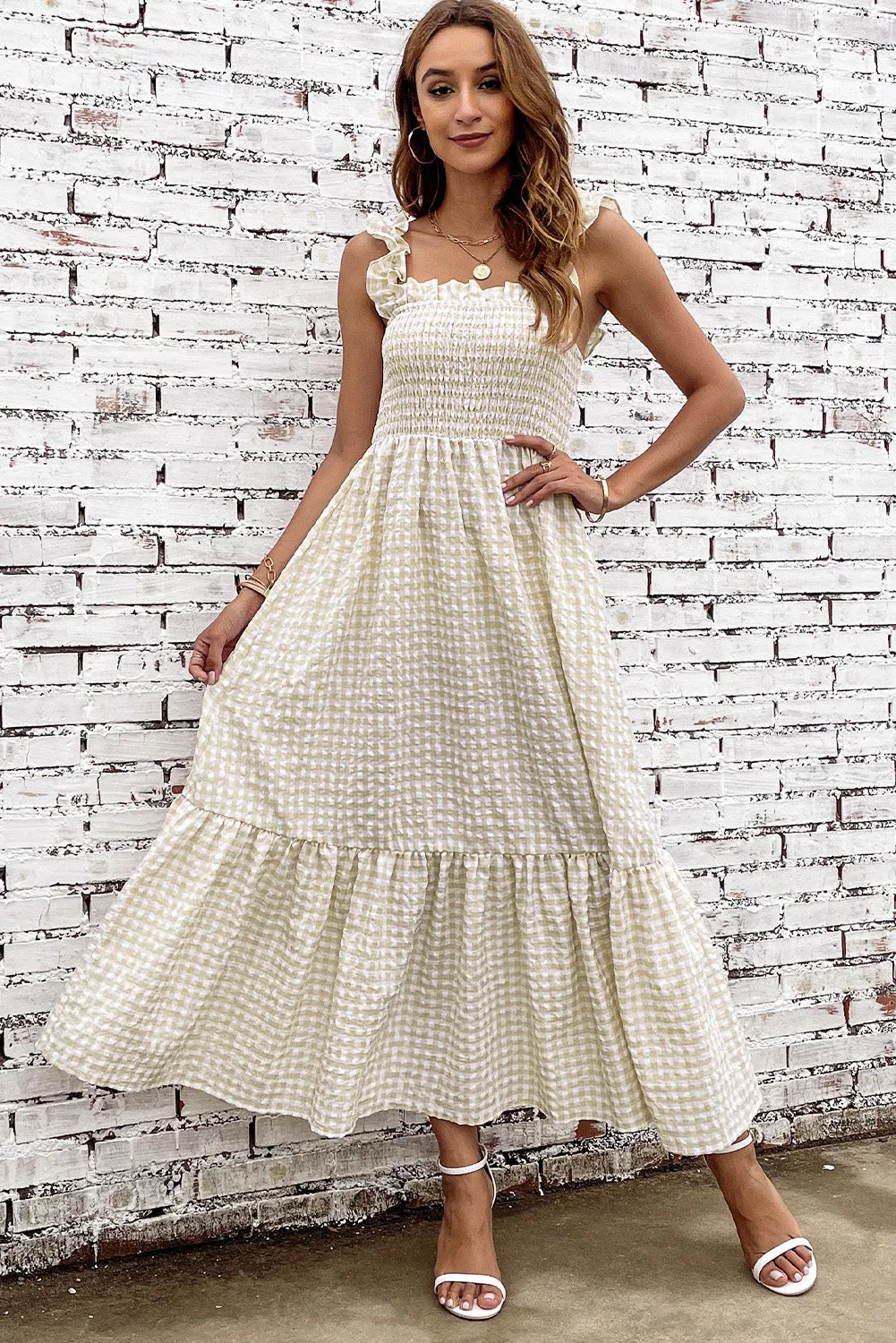 Farmhouse Chic Plaid Ruffle Strap Tiered Maxi Summer Dress