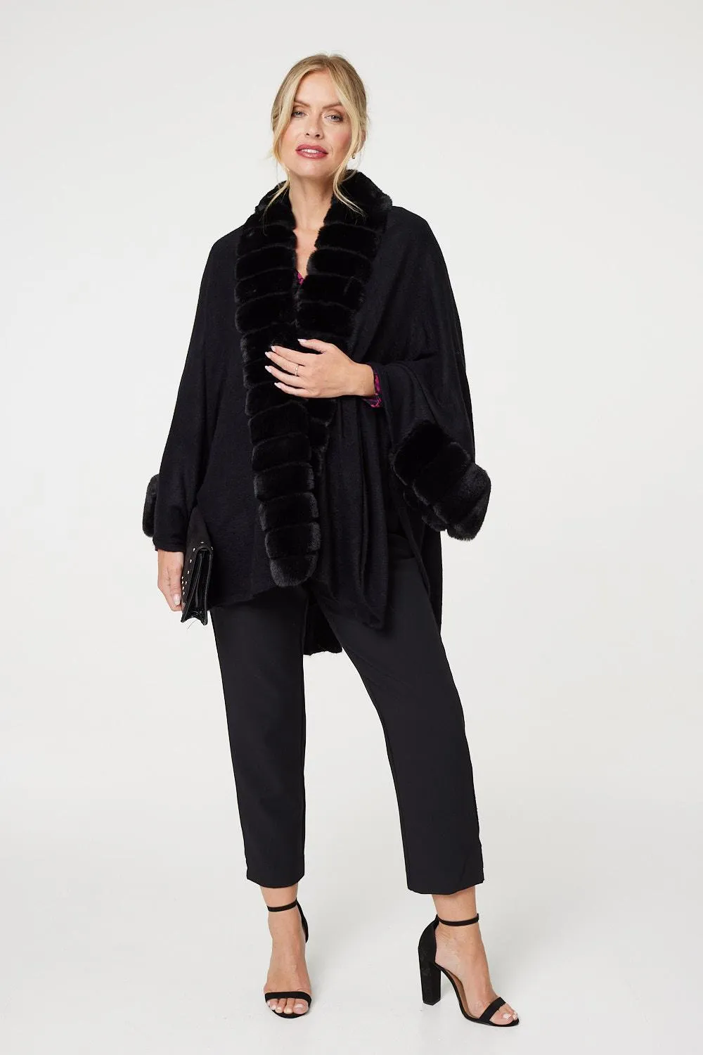 Faux Fur Longline Hanky Hem Poncho