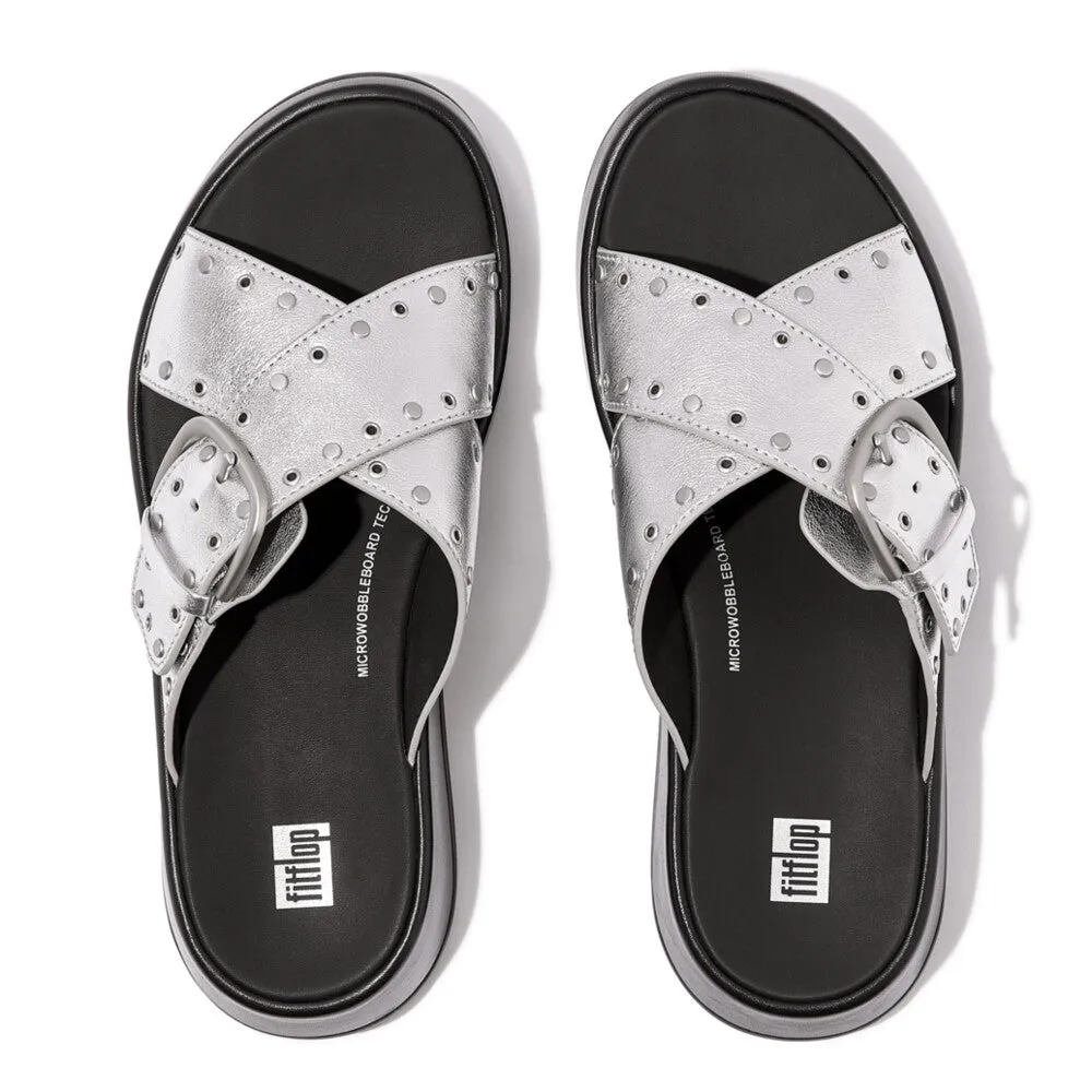 Fitflop F-Mode Buckle Stud M/Leather Flatform Cross Slide Silver