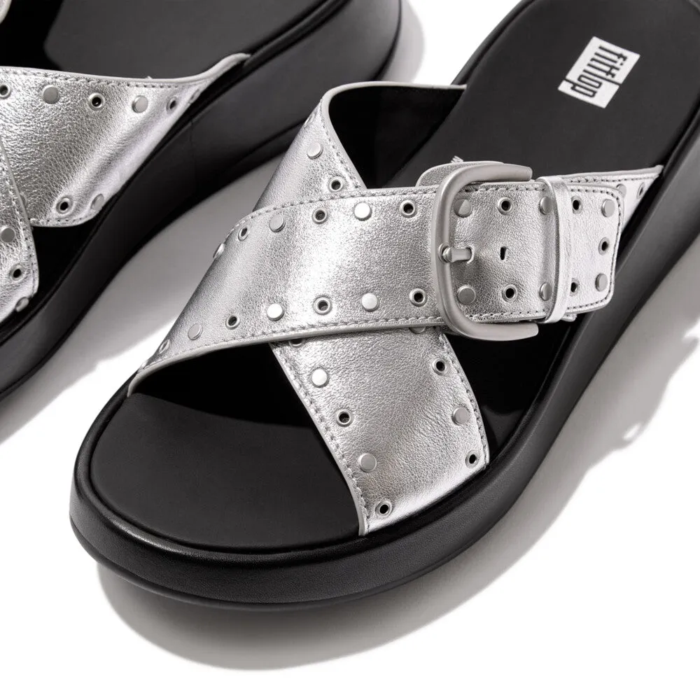 Fitflop F-Mode Buckle Stud M/Leather Flatform Cross Slide Silver