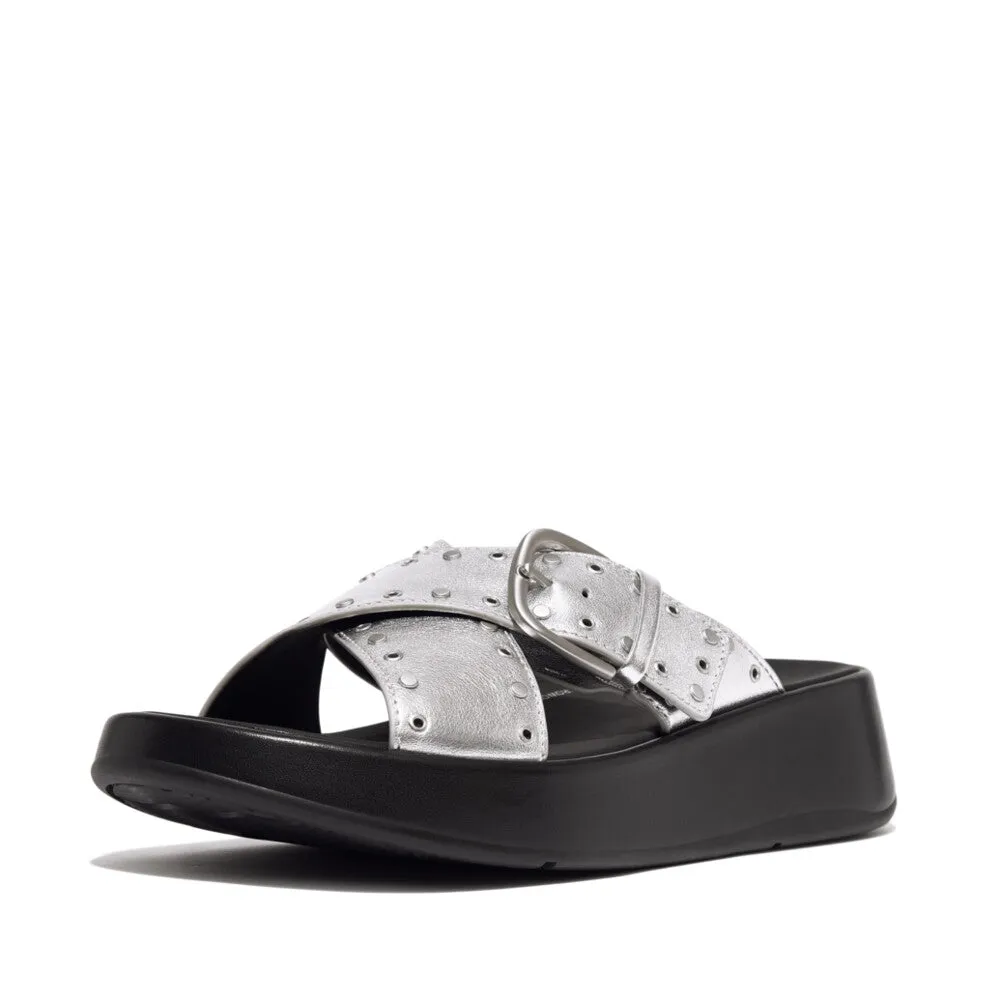 Fitflop F-Mode Buckle Stud M/Leather Flatform Cross Slide Silver