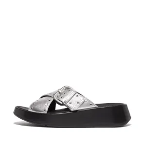 Fitflop F-Mode Buckle Stud M/Leather Flatform Cross Slide Silver