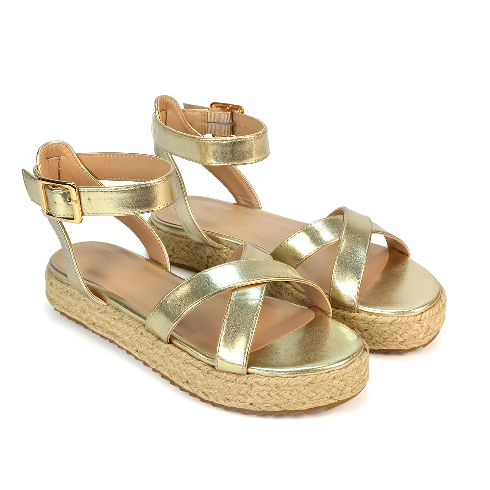 Fran Flatform Strappy Espadrille Flat Summer Sandals In Gold Metallic