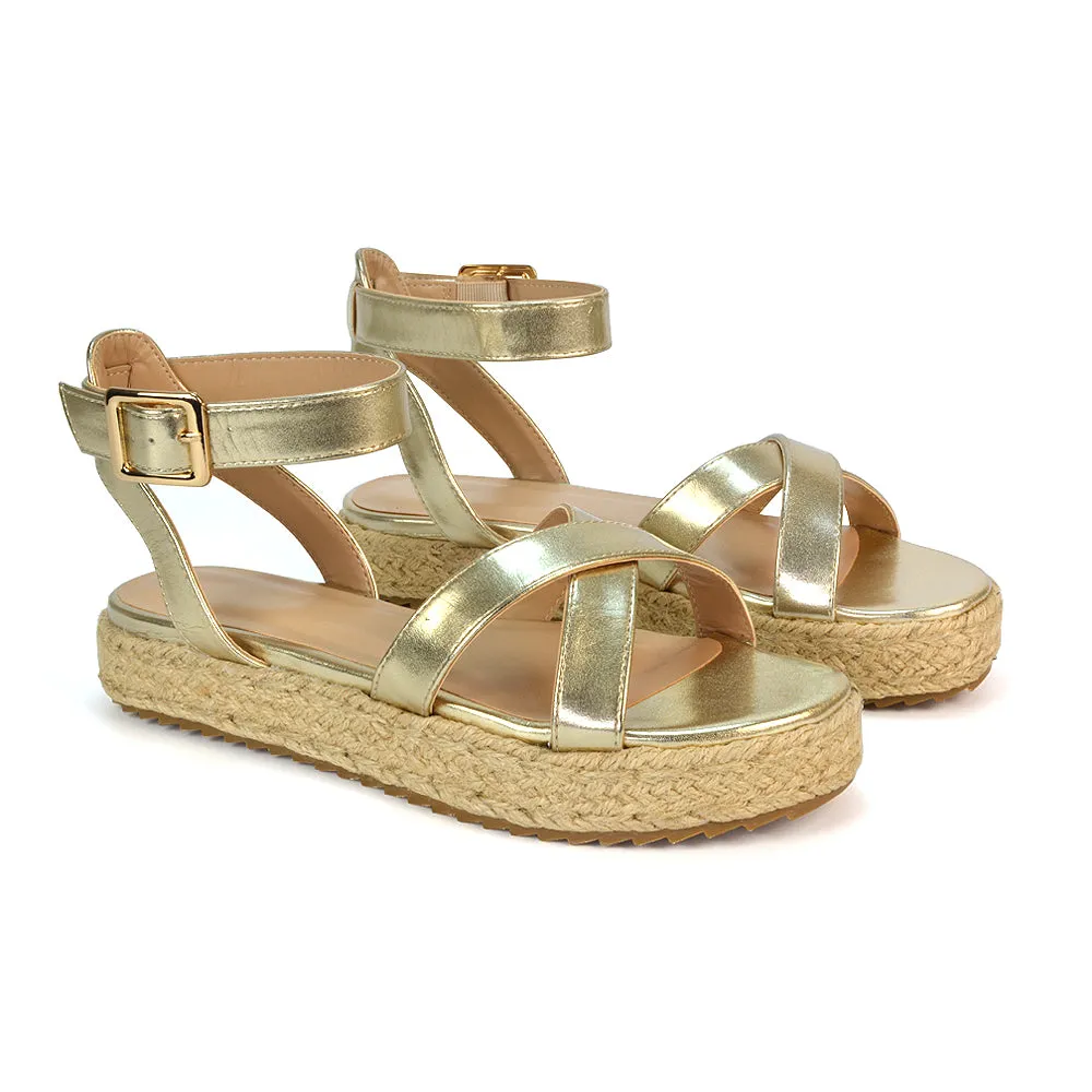 Fran Flatform Strappy Espadrille Flat Summer Sandals In Gold Metallic