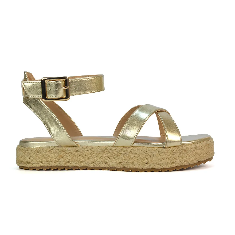 Fran Flatform Strappy Espadrille Flat Summer Sandals In Gold Metallic