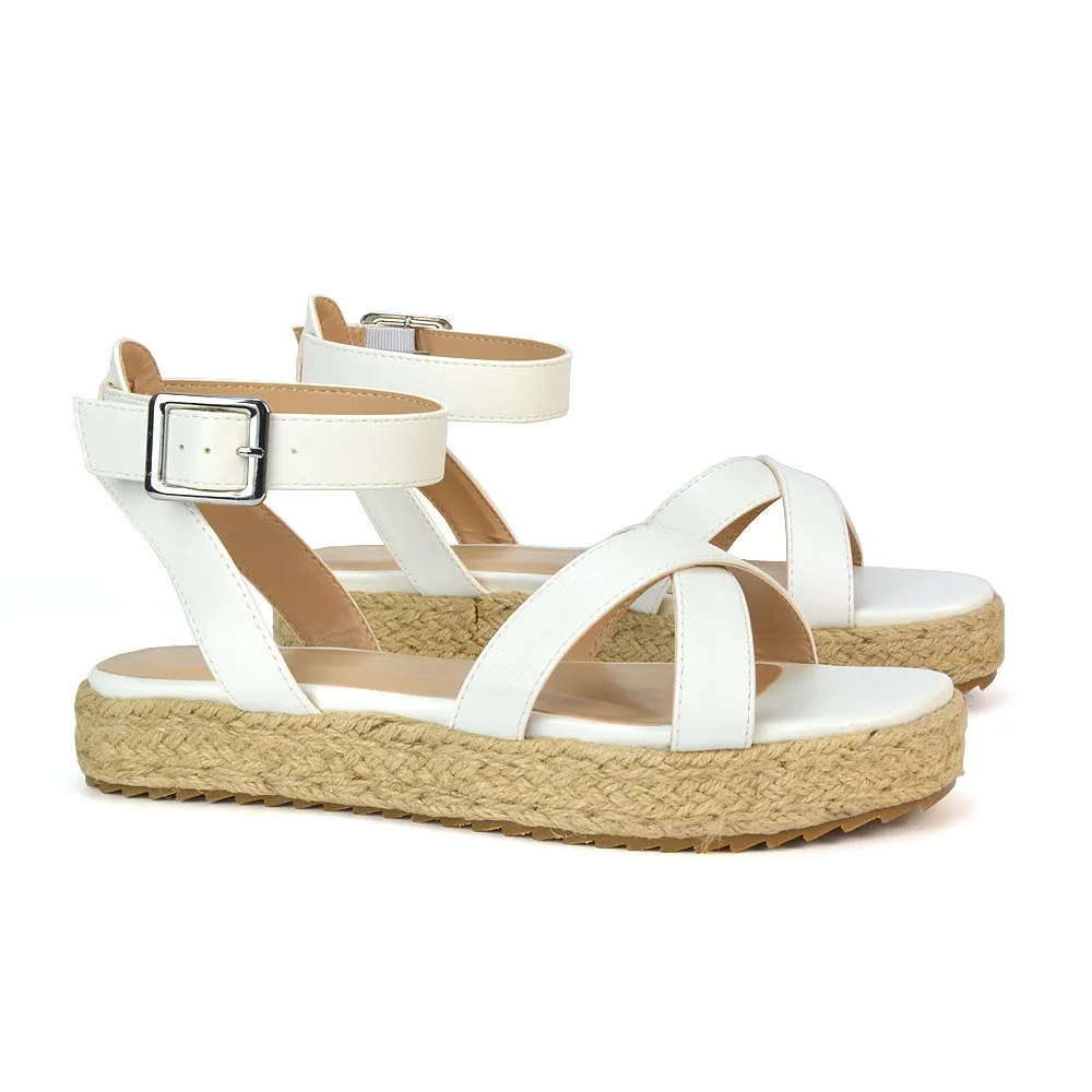 Fran Flatform Strappy Espadrille Flat Summer Sandals In White Synthetic Leather