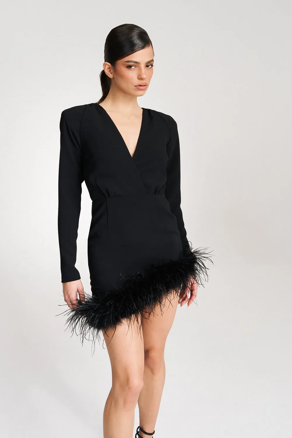 ‘FREAH‘ Asymmetric Feather-Trimmed Crepe Mini Dress