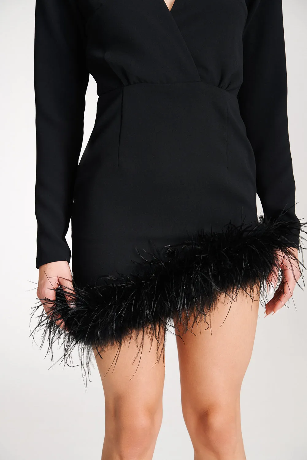 ‘FREAH‘ Asymmetric Feather-Trimmed Crepe Mini Dress