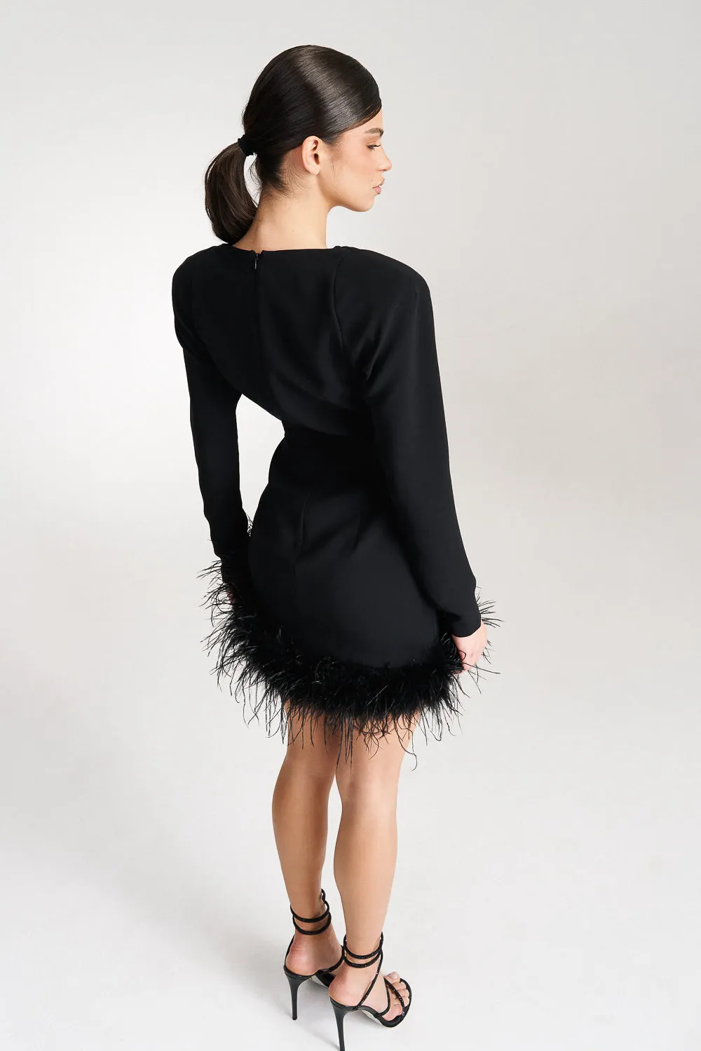 ‘FREAH‘ Asymmetric Feather-Trimmed Crepe Mini Dress