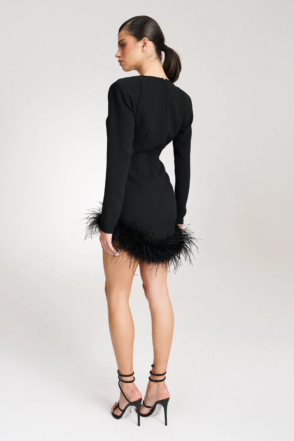 ‘FREAH‘ Asymmetric Feather-Trimmed Crepe Mini Dress