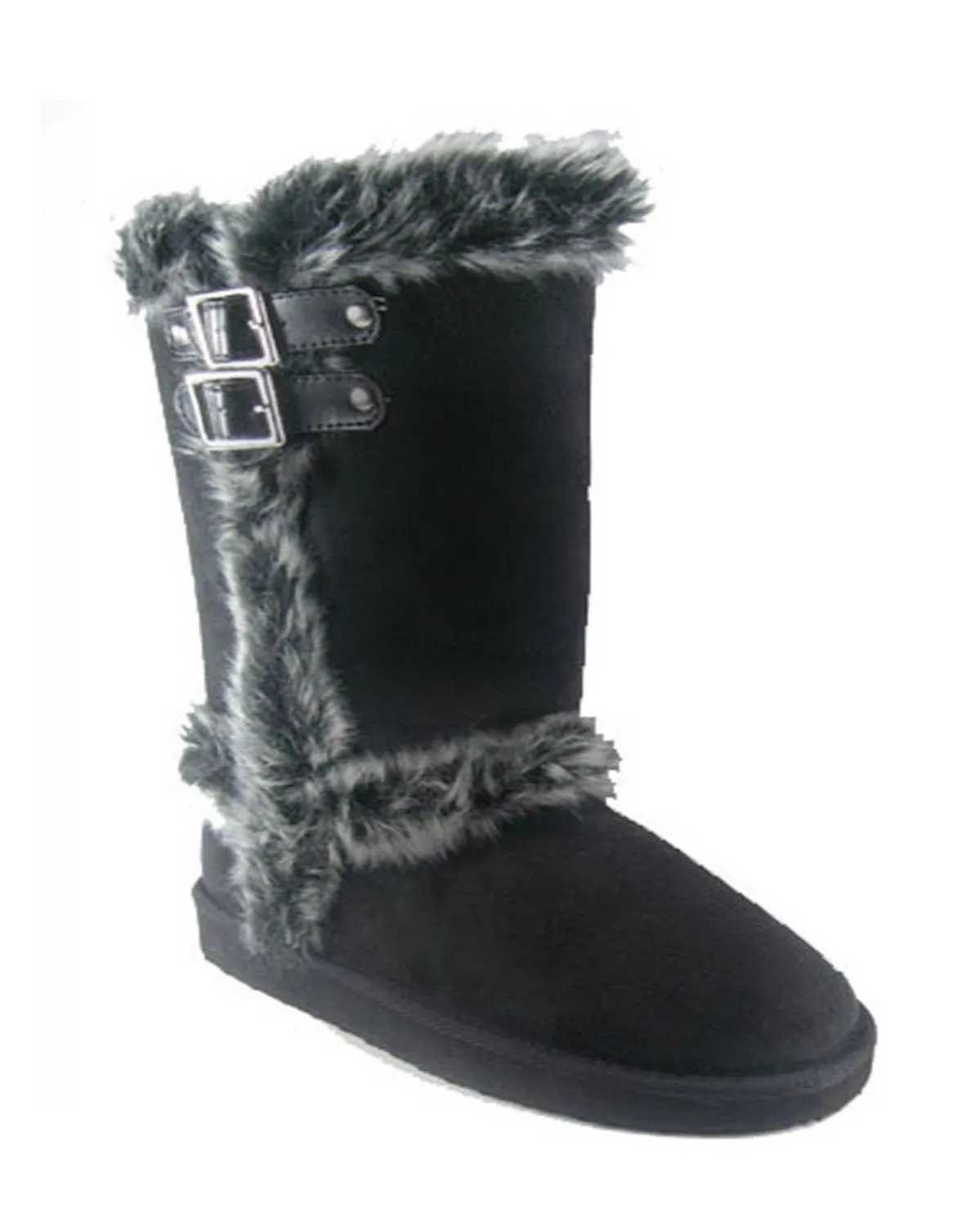 Furry Shearling Faux Suede Double Buckle Boots Vegan