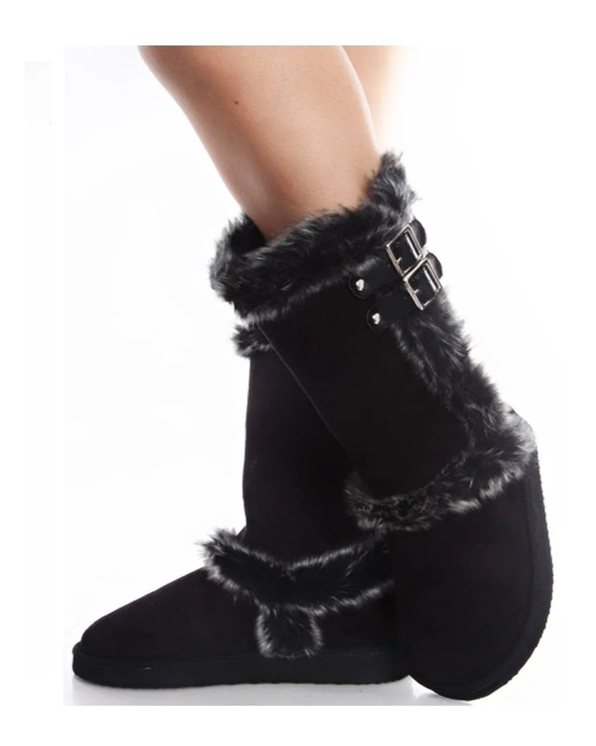 Furry Shearling Faux Suede Double Buckle Boots Vegan