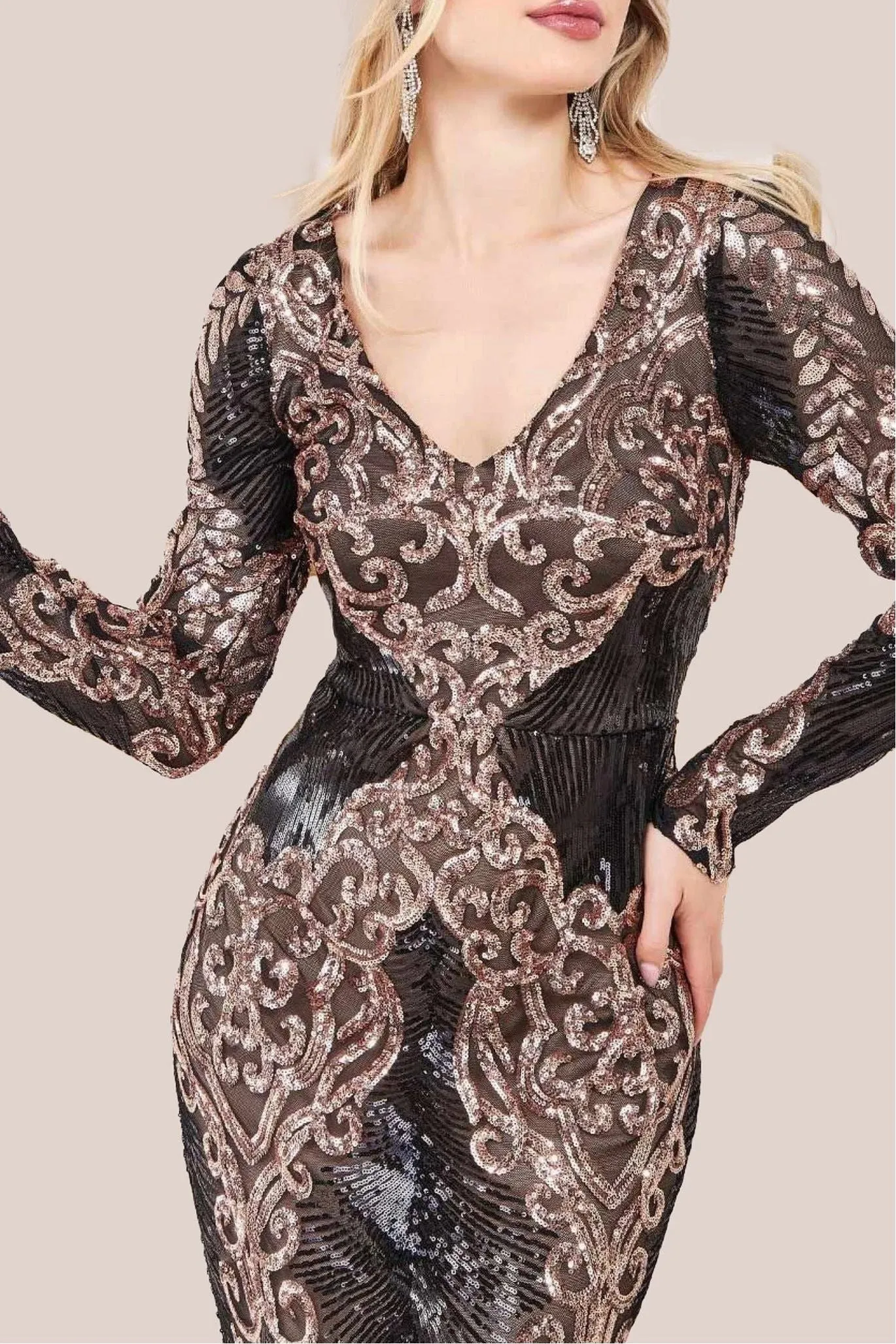 Goddiva Contrast Sequin Long Sleeve Maxi Dress - Champagne