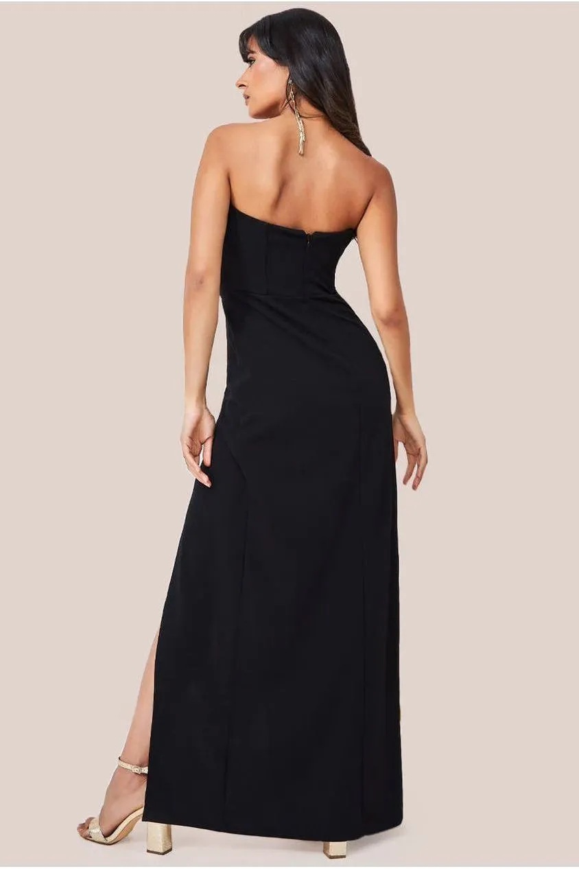 Goddiva Satin & Scuba Maxi With Thigh Split - Black