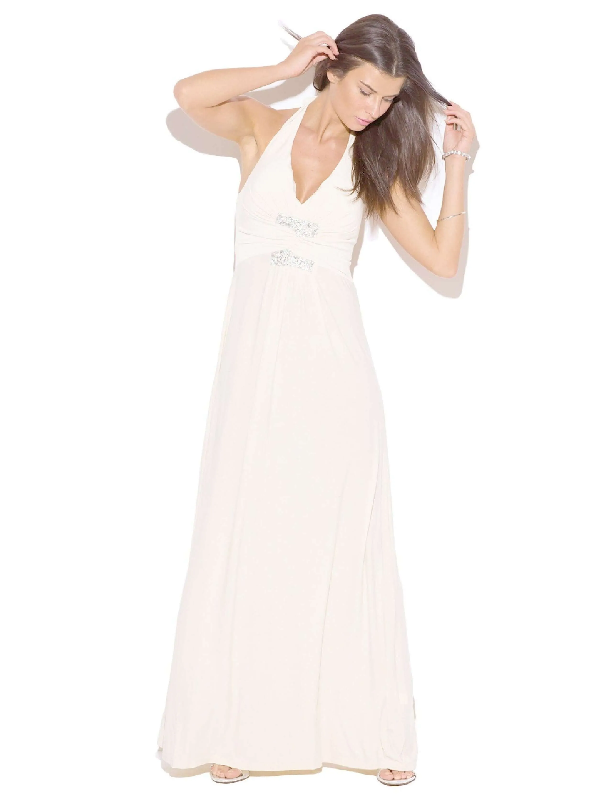 Ivory Halter Empire Waist  Party Evening Maxi Dress