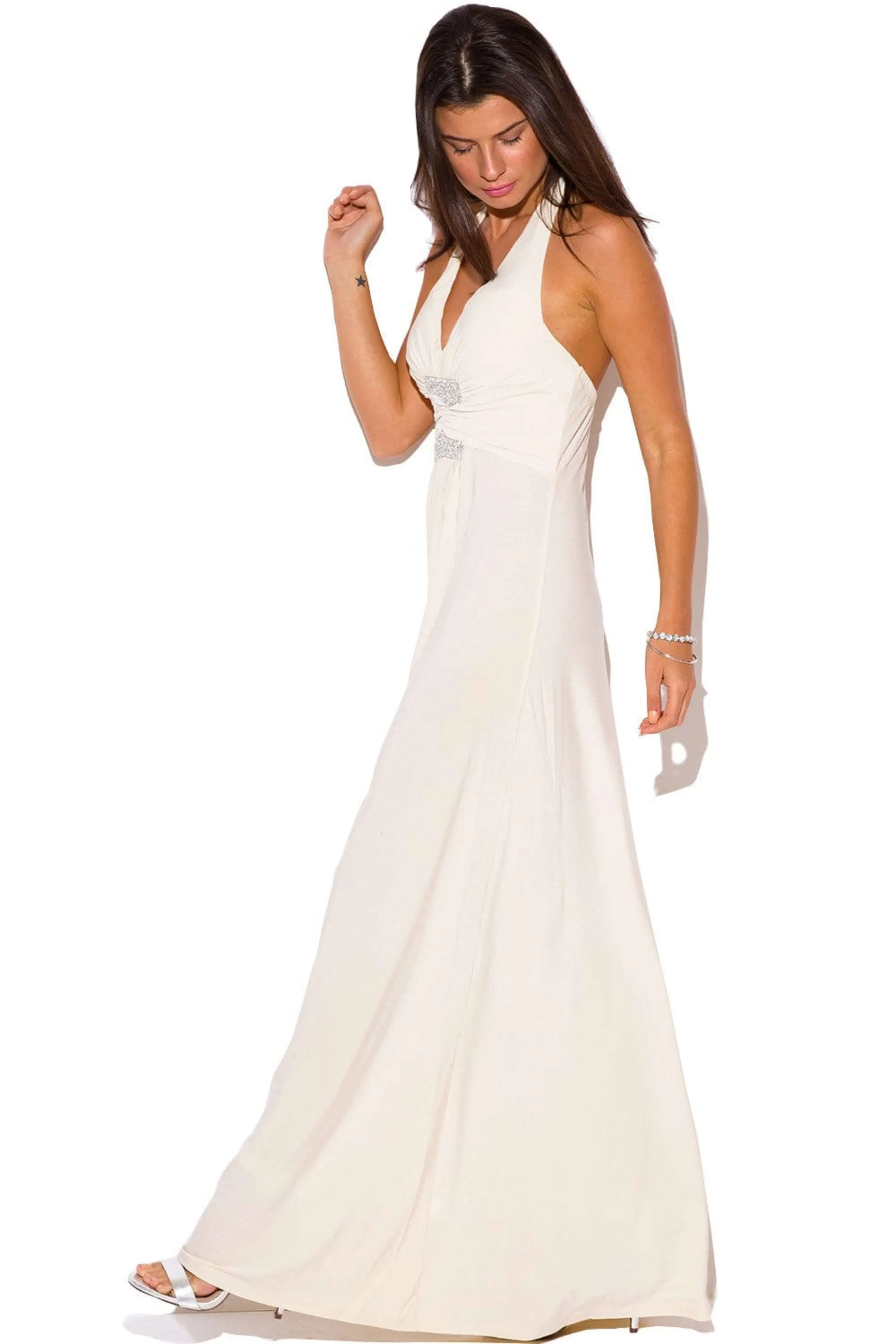 Ivory Halter Empire Waist  Party Evening Maxi Dress