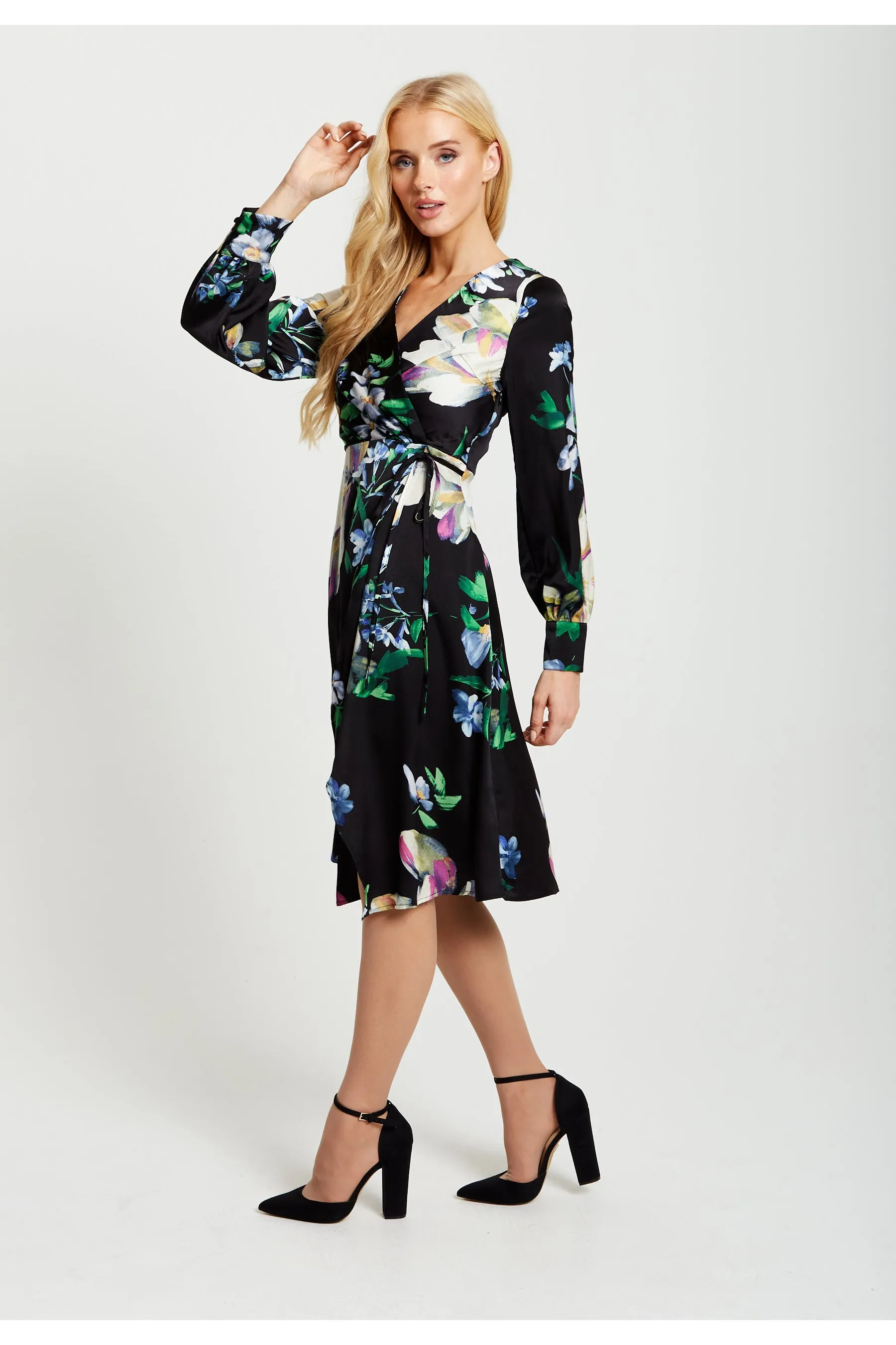 Liquorish Elegant Floral Print Midi Wrap Dress In Black