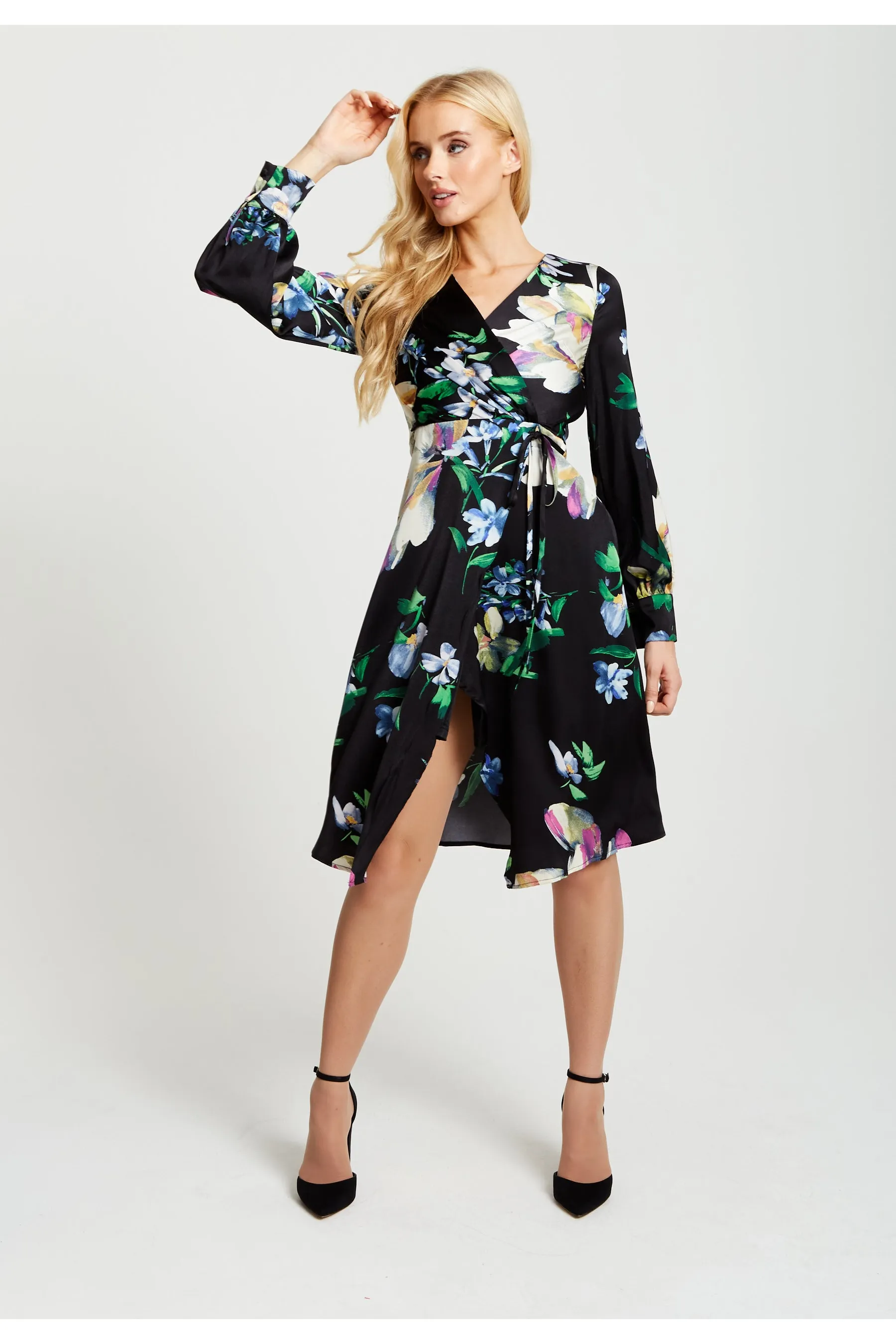 Liquorish Elegant Floral Print Midi Wrap Dress In Black