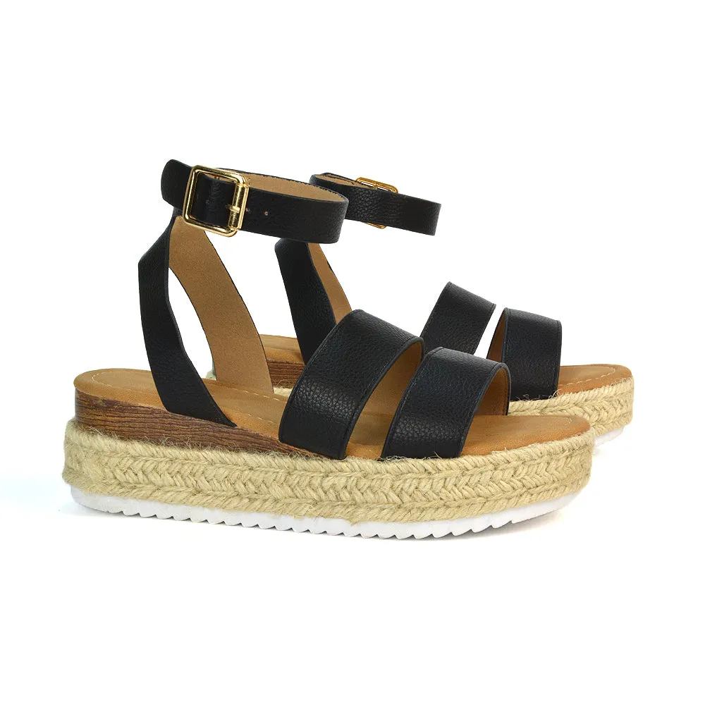 Lyds Flatform Strappy Summer Platform Flat Sandals in Black