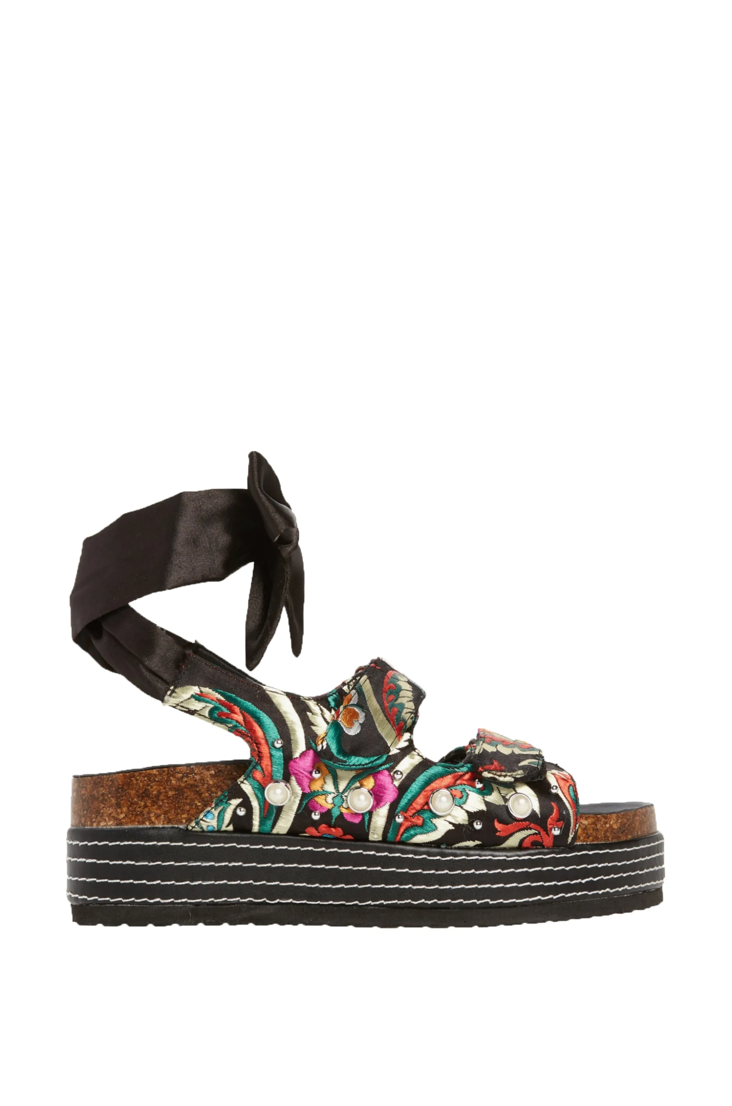 MACKLEY-BLACK BROCADE TIE UP FLATFORM SANDAL