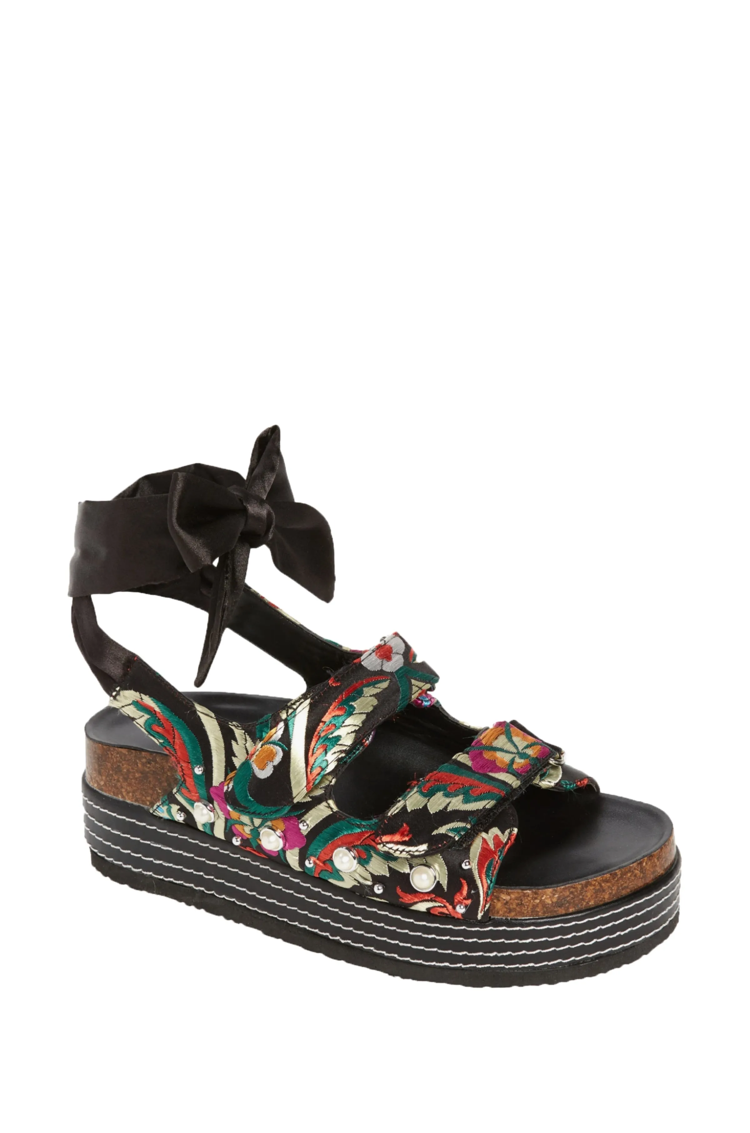 MACKLEY-BLACK BROCADE TIE UP FLATFORM SANDAL