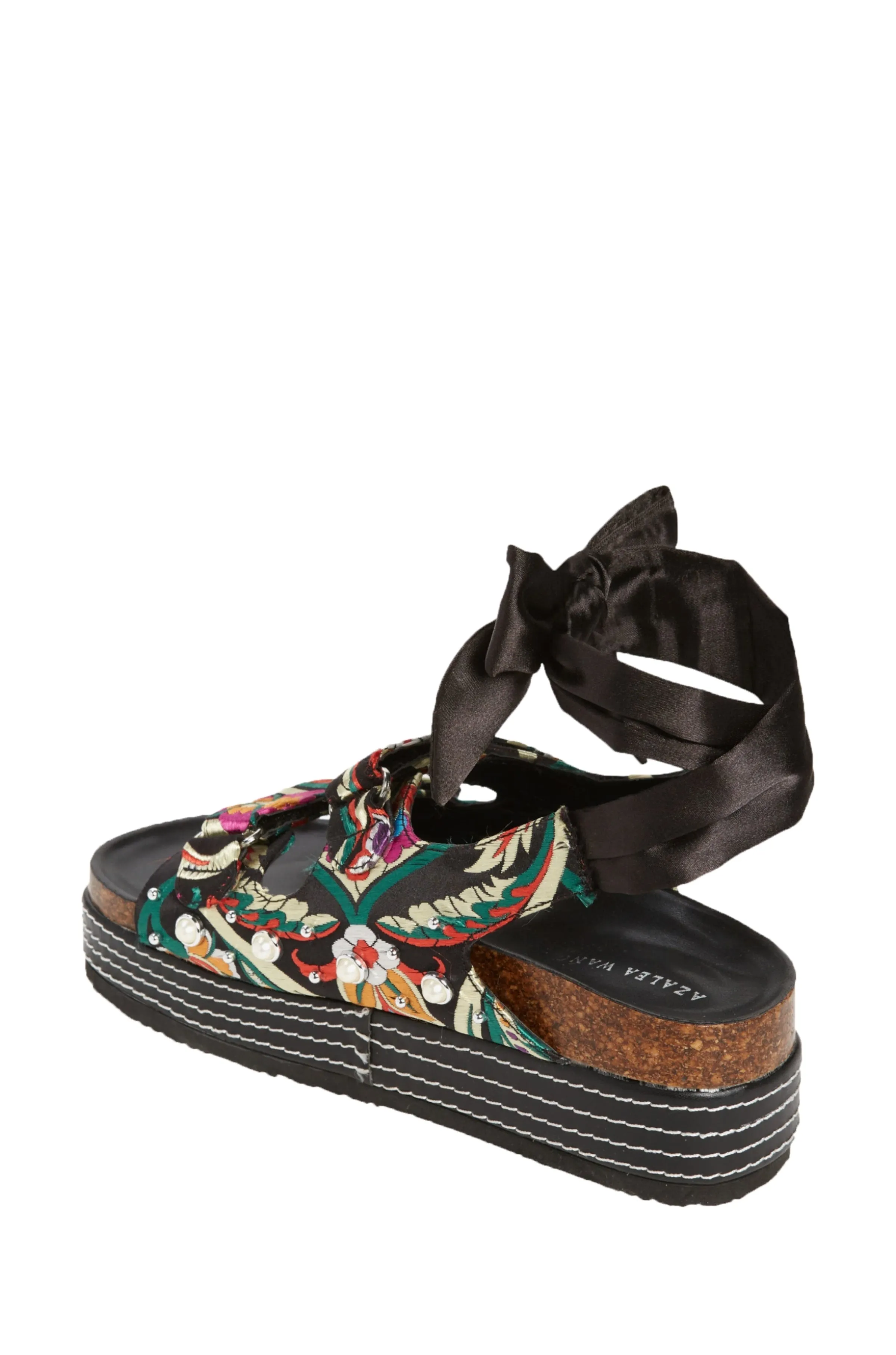 MACKLEY-BLACK BROCADE TIE UP FLATFORM SANDAL