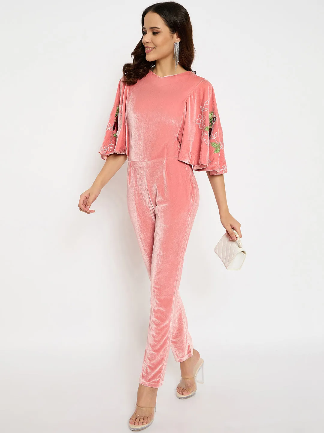 Moda Elementi Elegant Peach Velvet Embroidered Jumpsuit