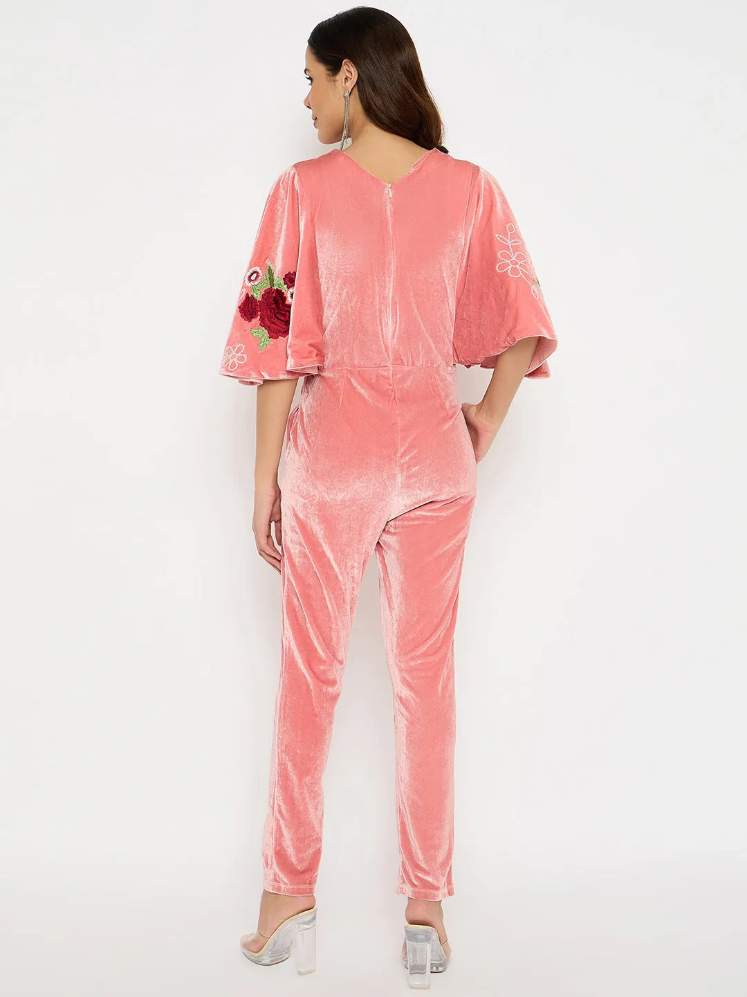 Moda Elementi Elegant Peach Velvet Embroidered Jumpsuit