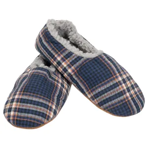 Navy Plaid Mens Plush Lined Cozy Non Slip Indoor Soft Slippers - Small