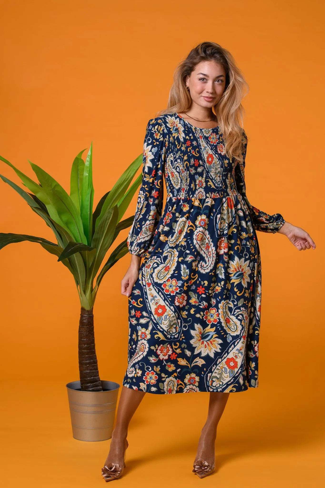 Paisley Shirred Soft Dress Navy