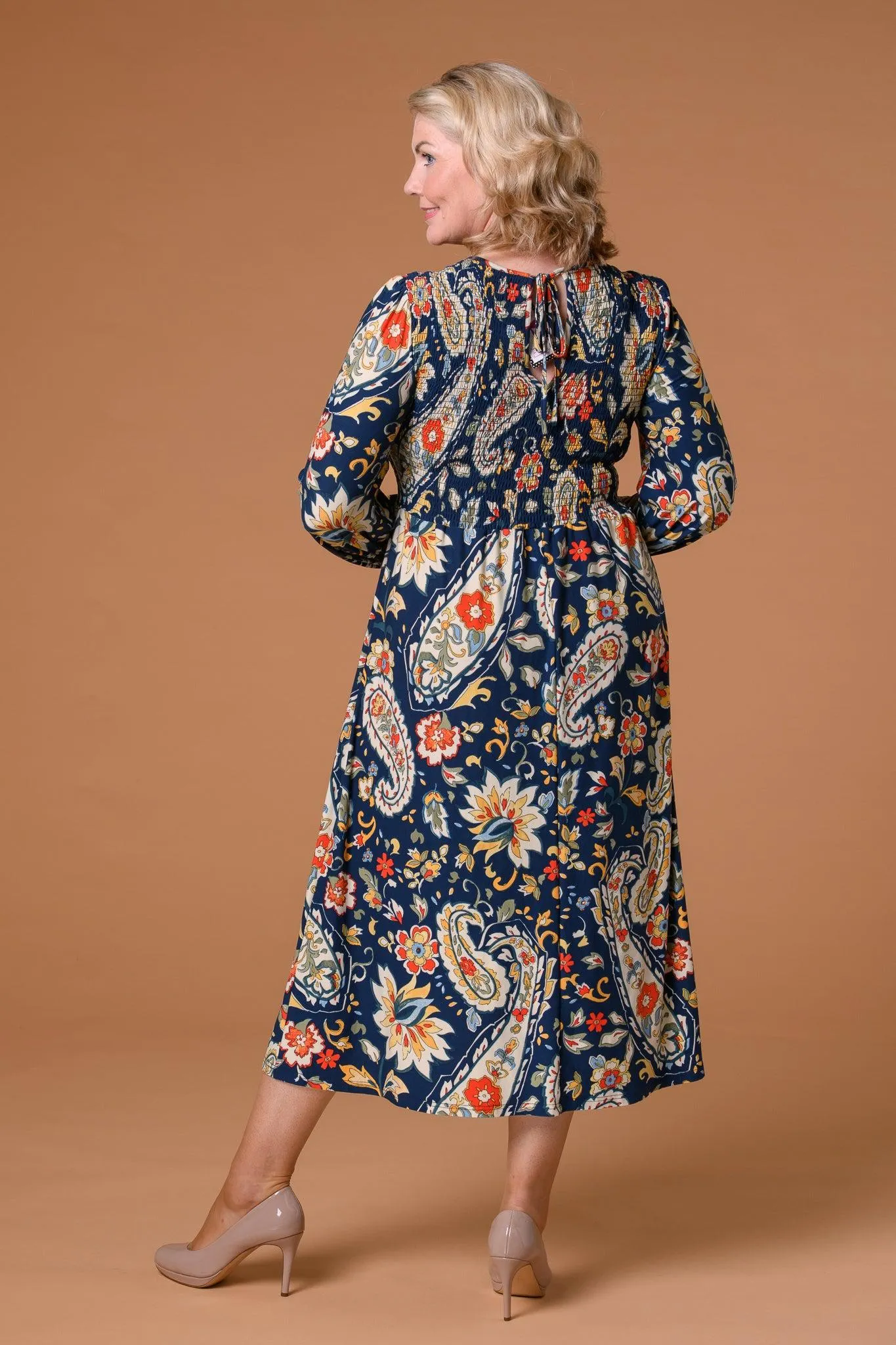 Paisley Shirred Soft Dress Navy