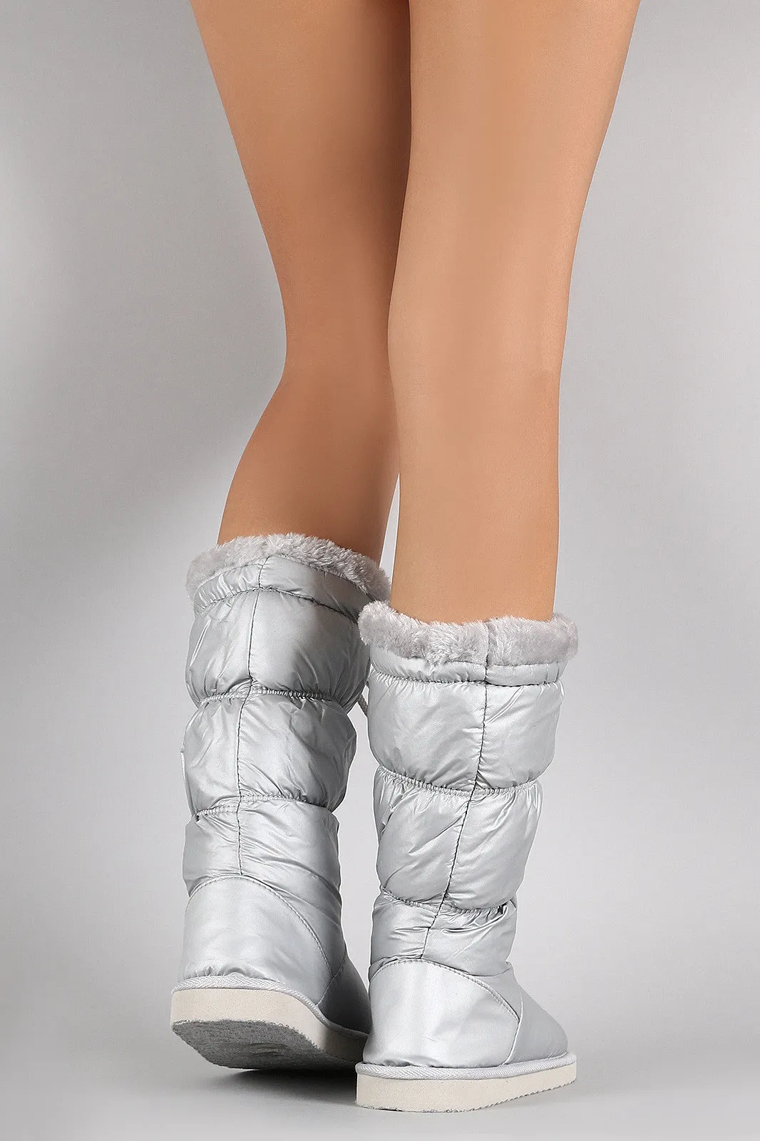 Puffy Nylon Fur Drawstring Snow Mid Calf Flat Boots