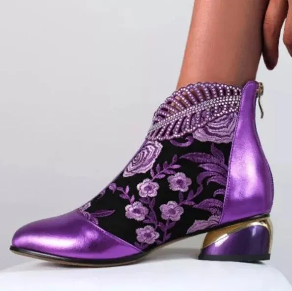 Retro flower embroidery block heels booties